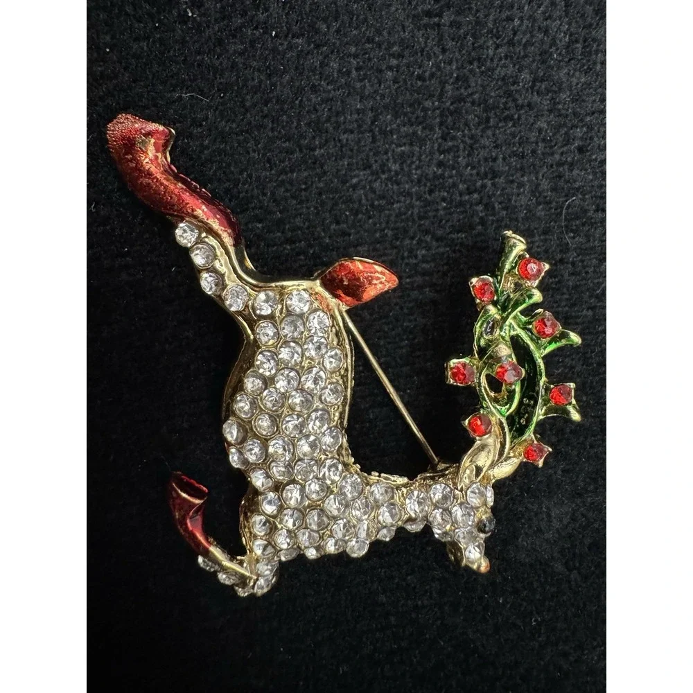 Christmas Reindeer Brooch Rhinestone Pave Gold Tone Red Enamel Holly Pin - Picture 6 of 10